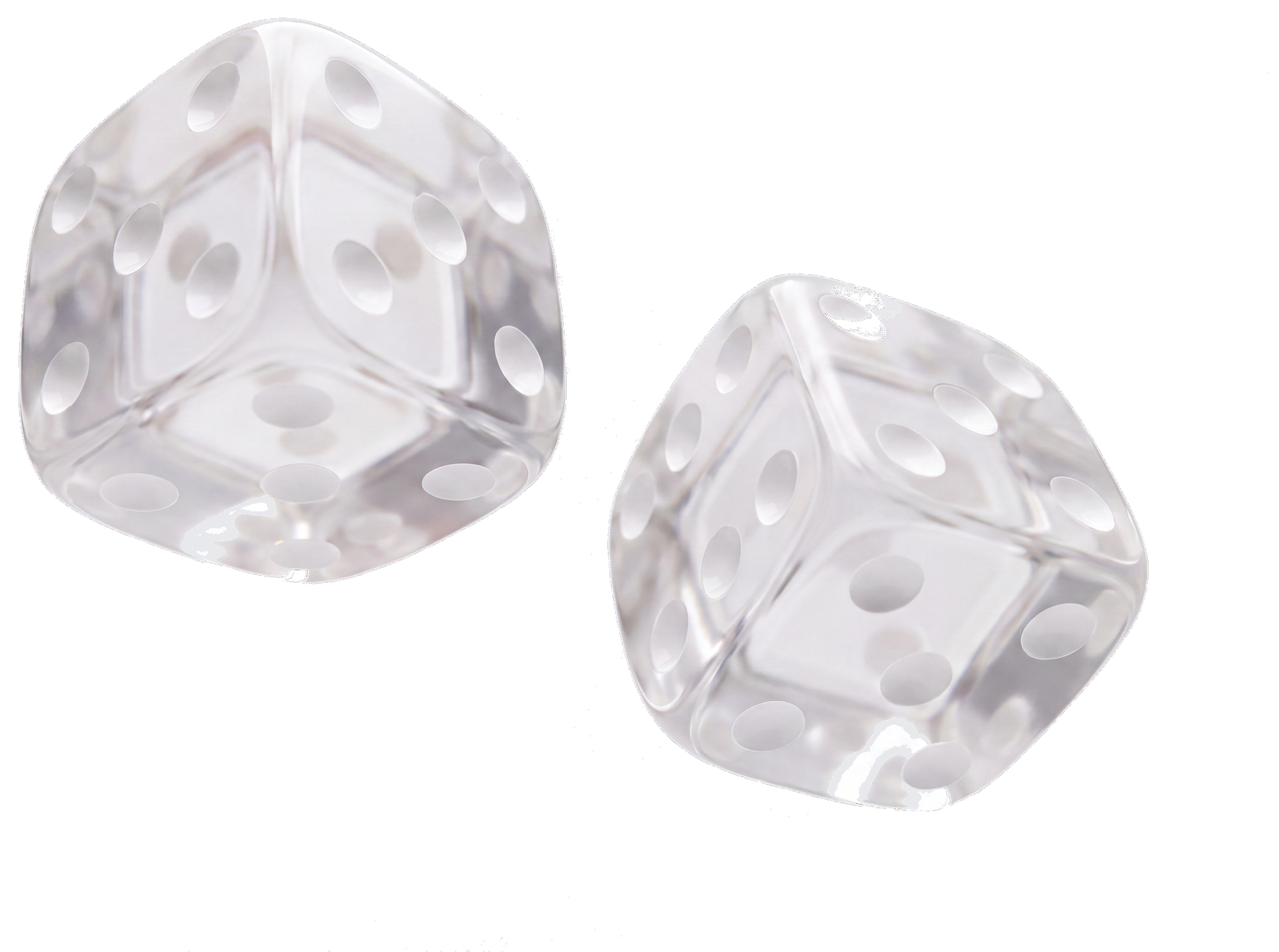 Two clear acrylic craps dice floating